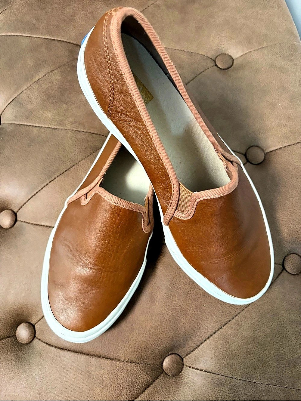 Keds Double Decker Leather Slip On Brown & White Sneakers